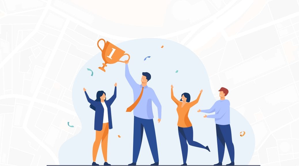 Sales gamification: Team celebrating victory with trophy.