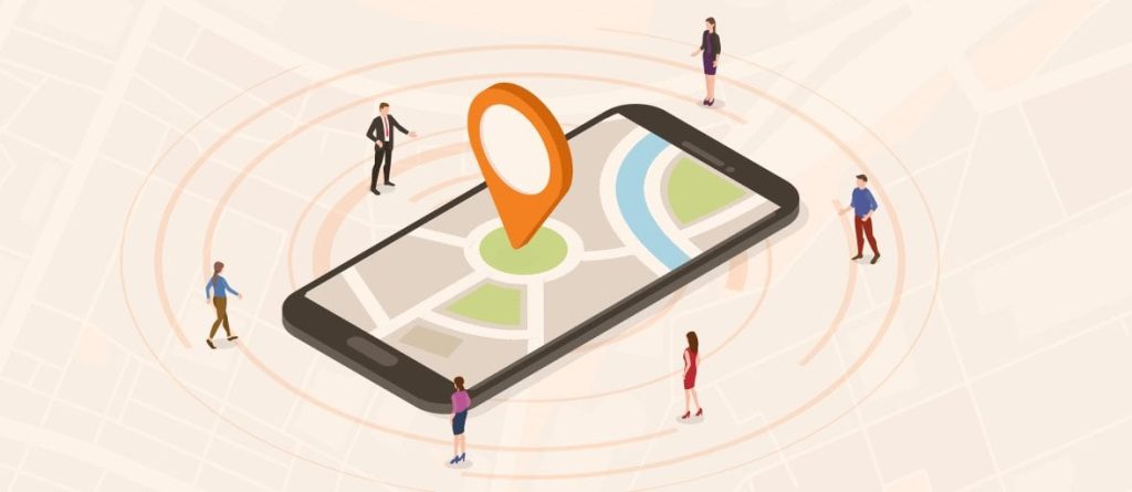 Sales force tracking app: isometric view of smartphone displaying map with location pin and people.