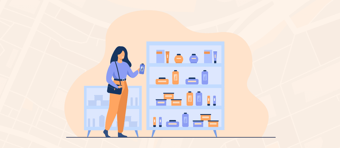 Woman shopping beauty products; visual merchandising example.