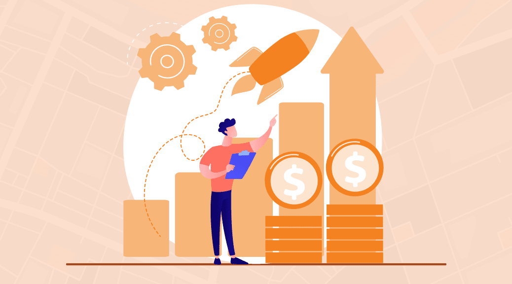 Retail marketing sales growth: Man reviewing data, upward trending graph, rocket launching, and stacks of coins.