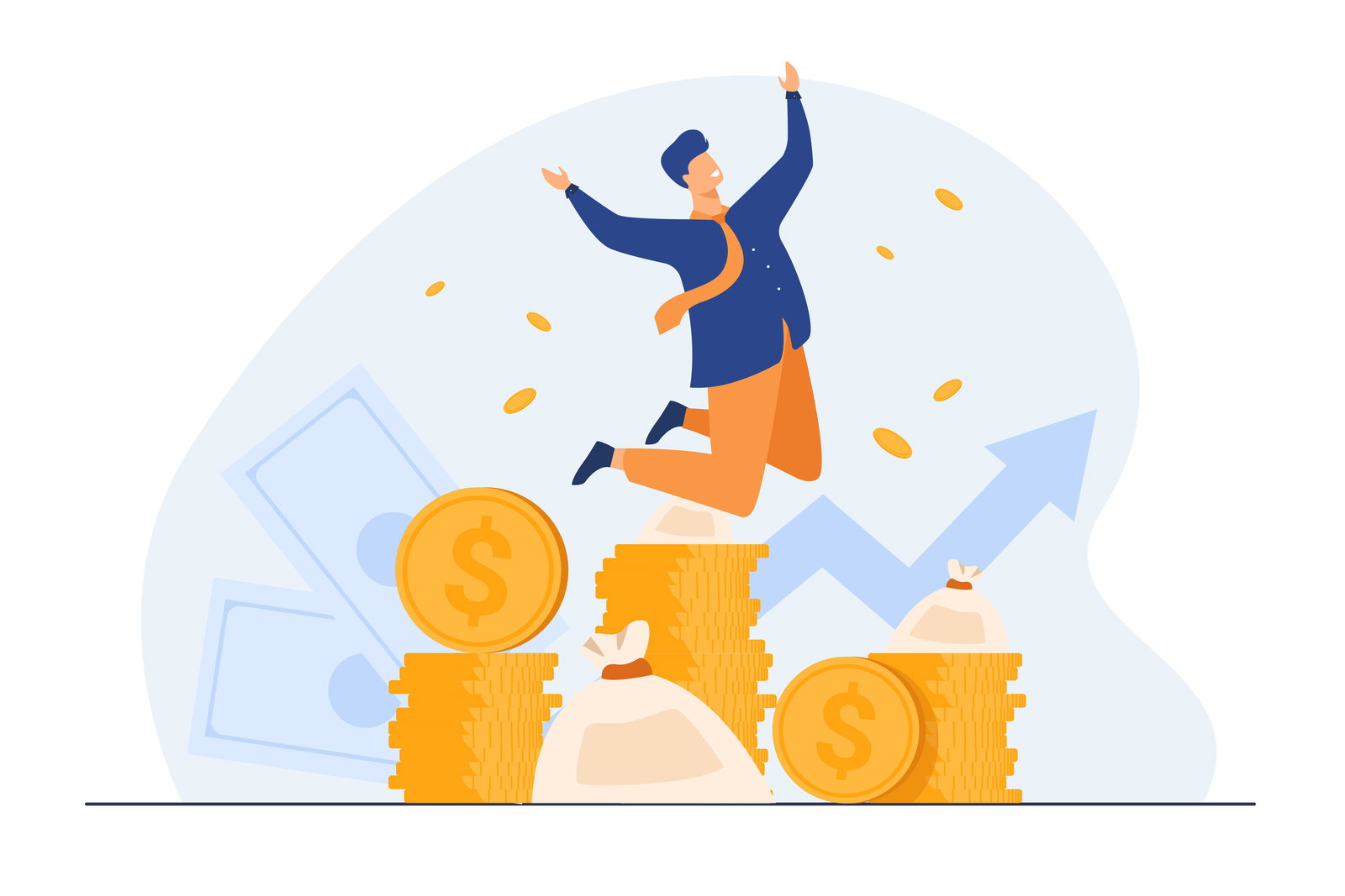 Happy businessman jumping over stacks of gold coins and money bags; FMCG financial success.