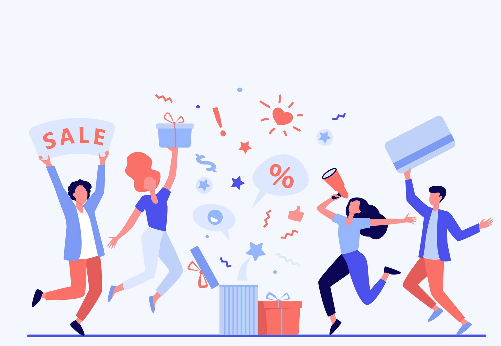Illustration of a Channel Loyalty Program; excited people celebrating with gifts and sale signs.