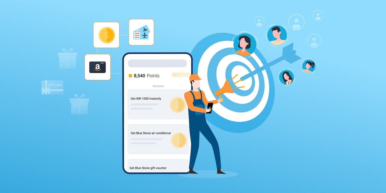 B2B influencer engagement:  Person using megaphone to target influencers on phone app.