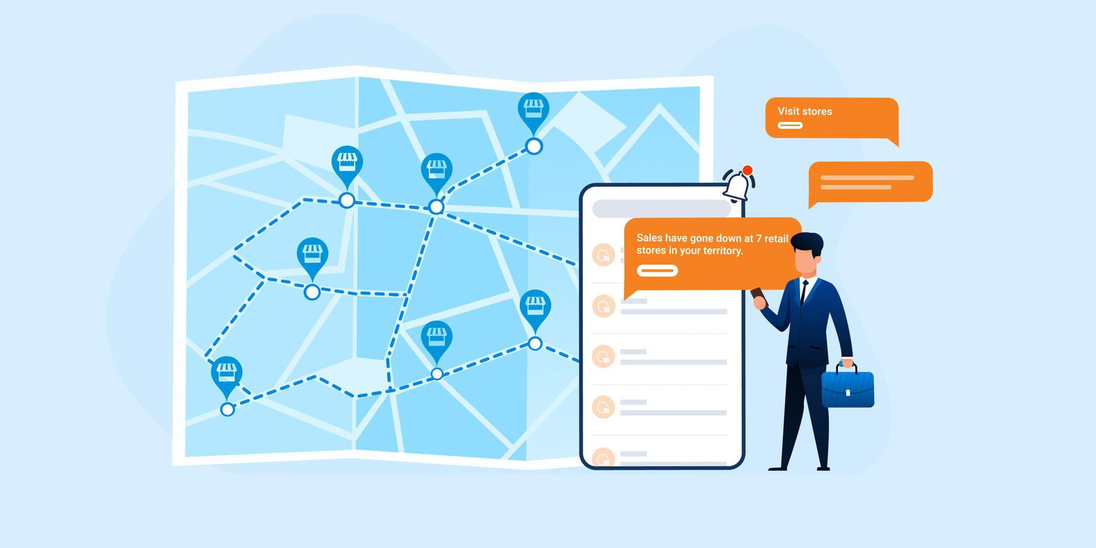 Intelligent scheduling app optimizes territory management by showing sales data and store locations on a map.