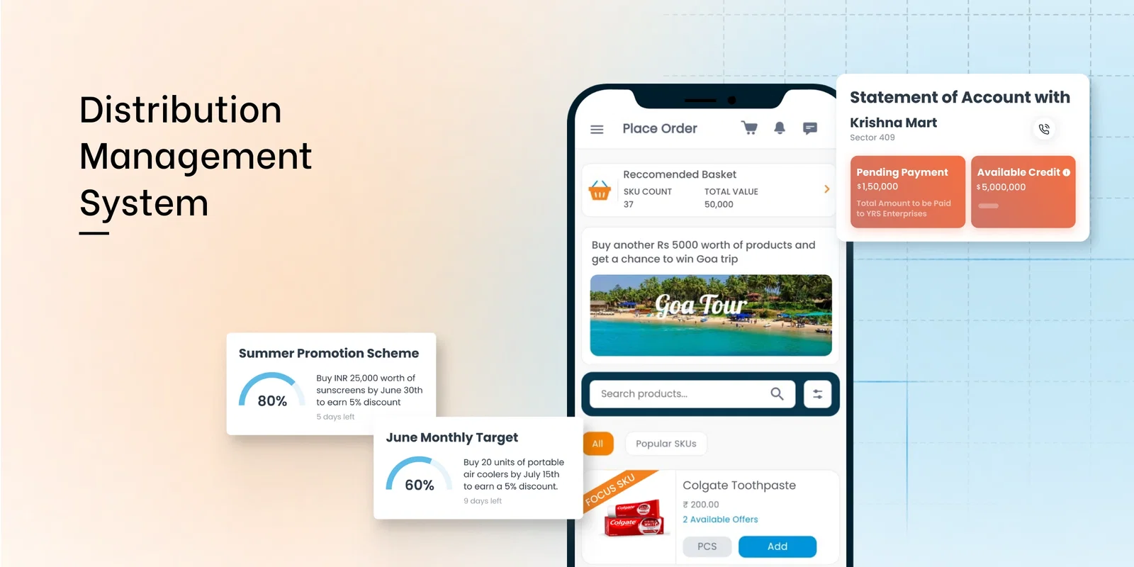 Mobile interface of BeatRoute’s Distribution Management System showing order placement, schemes, account statements, and promotional offers.