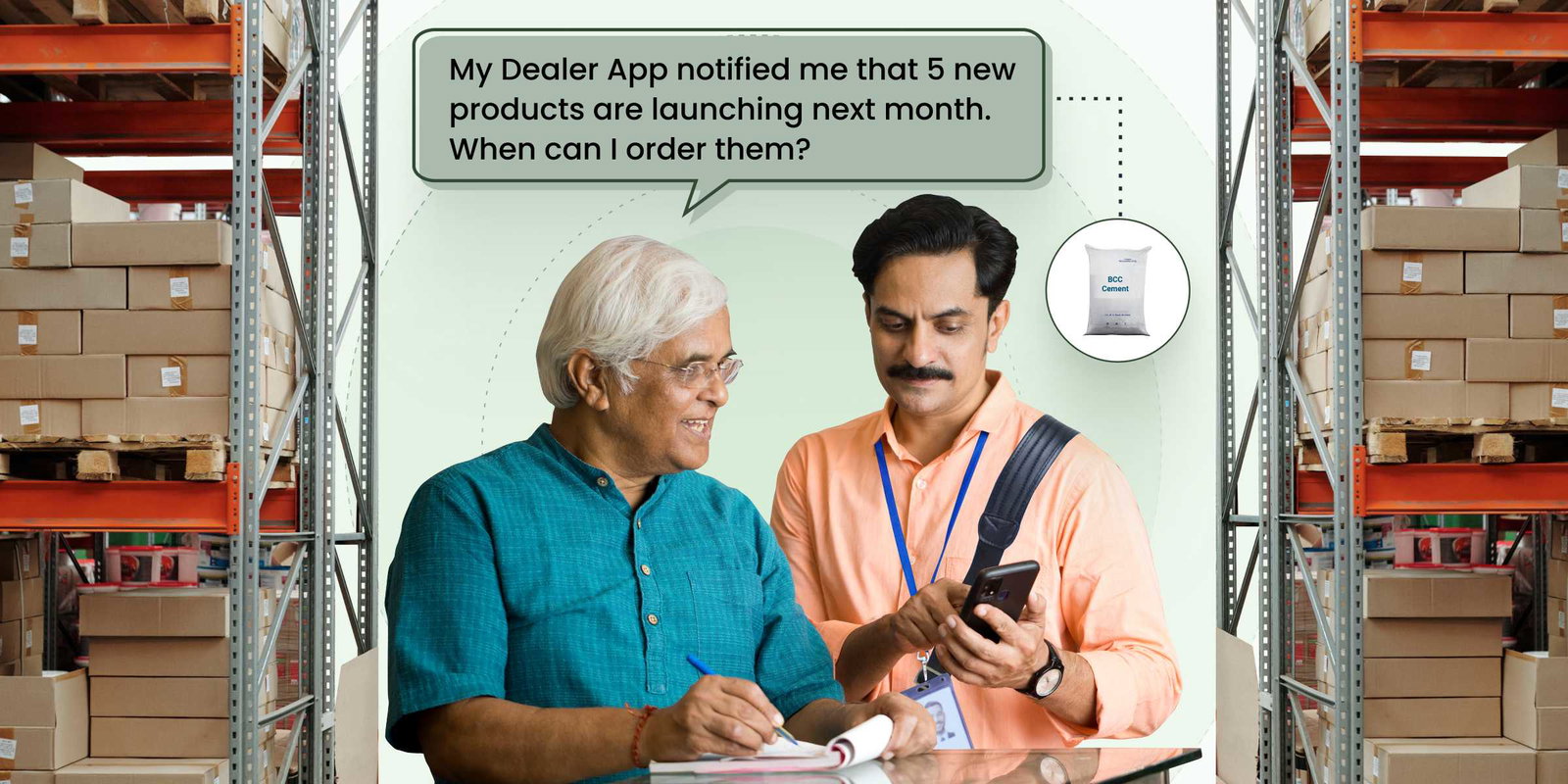 Two men reviewing new product launch on mobile app; digital engagement.