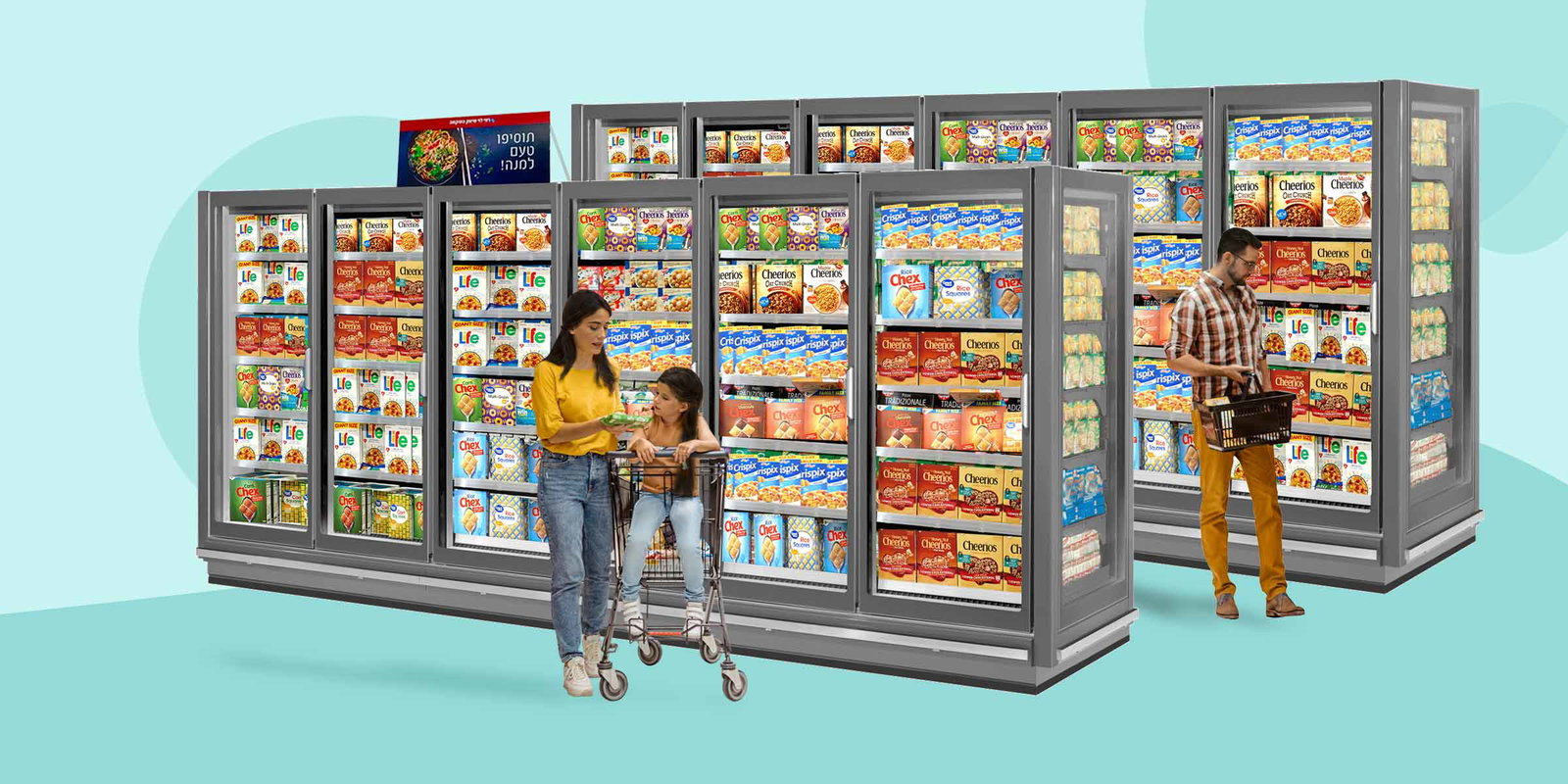 Digital technologies impact on CPG trade marketing: Family shopping in supermarket with digital displays.