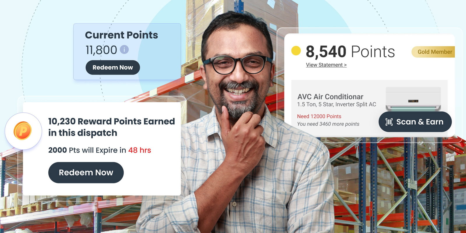 Happy dealer earns reward points in B2B program.