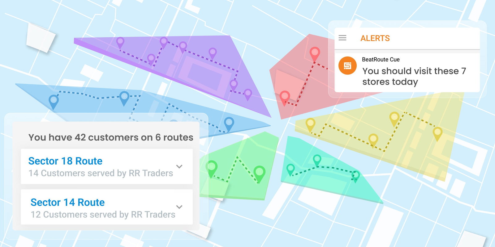 Route planning software interface showing multiple routes on a map with customer locations.