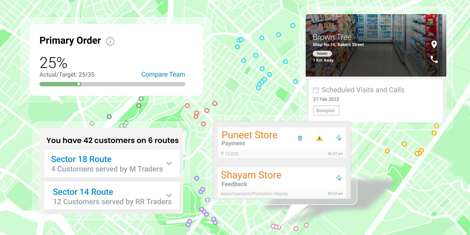 Territory management tools map interface showing customer locations and routes.