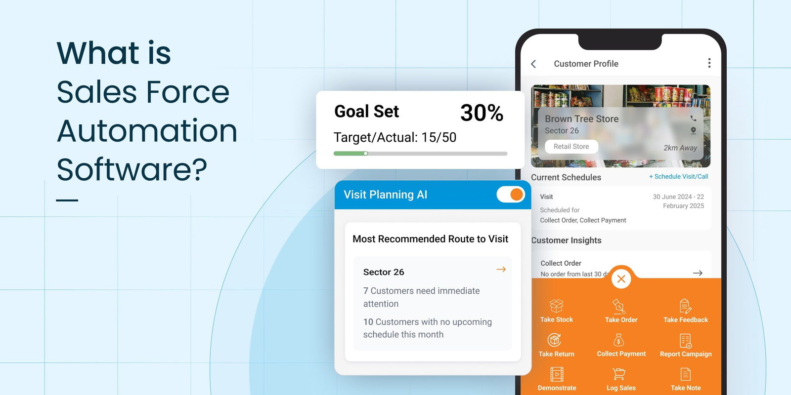 Sales force automation software interface on phone screen.