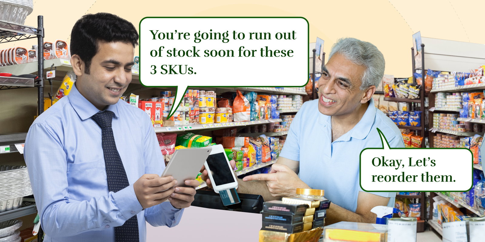 Retail audit: Two store employees using a tablet to check inventory and reorder stock.