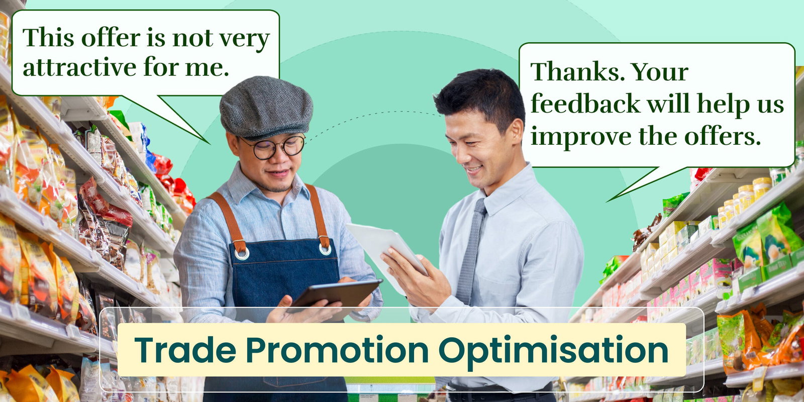 Two men in a store using tablets for trade promotion optimization.