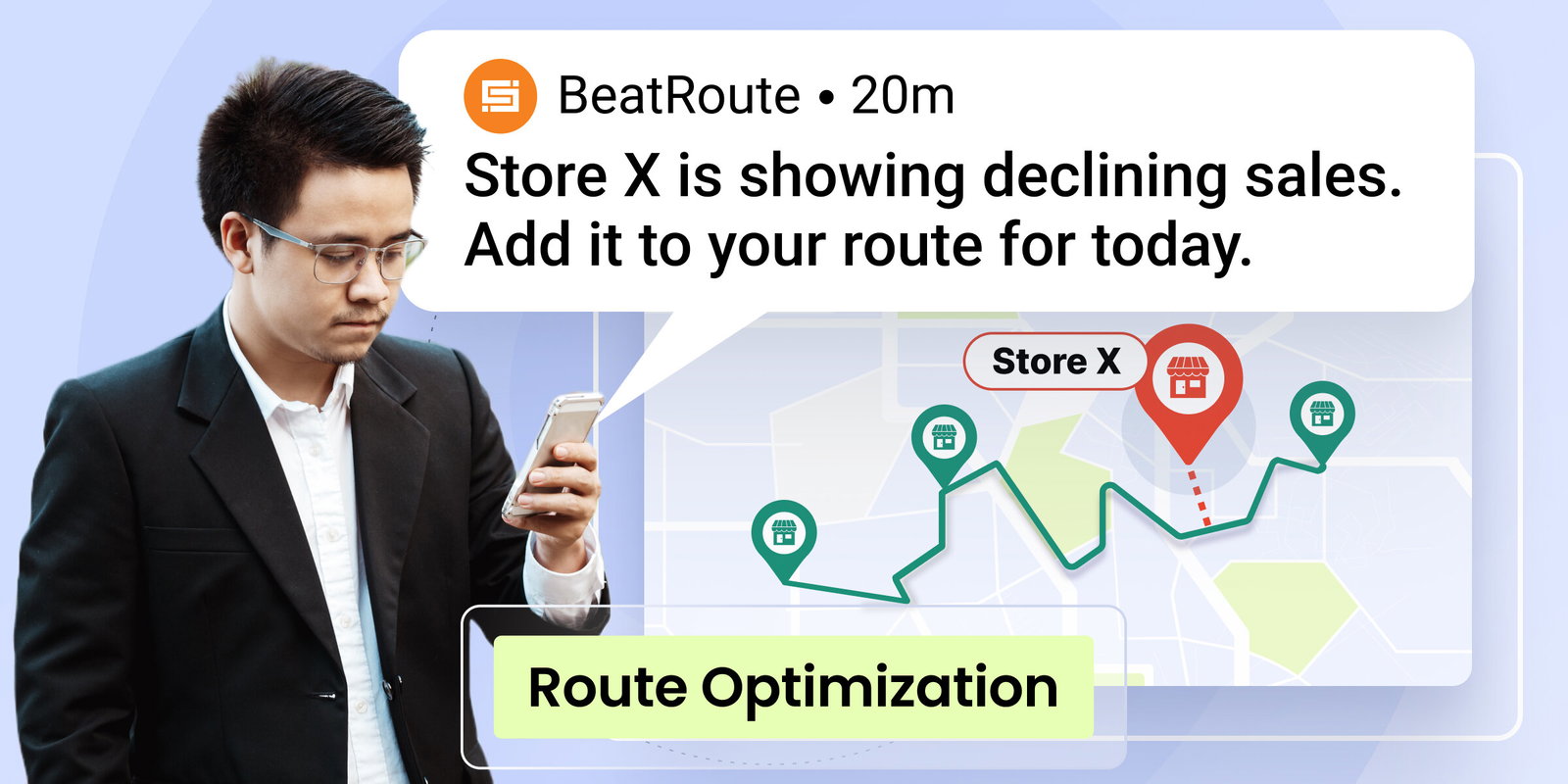 Man using phone app for route planning optimization.