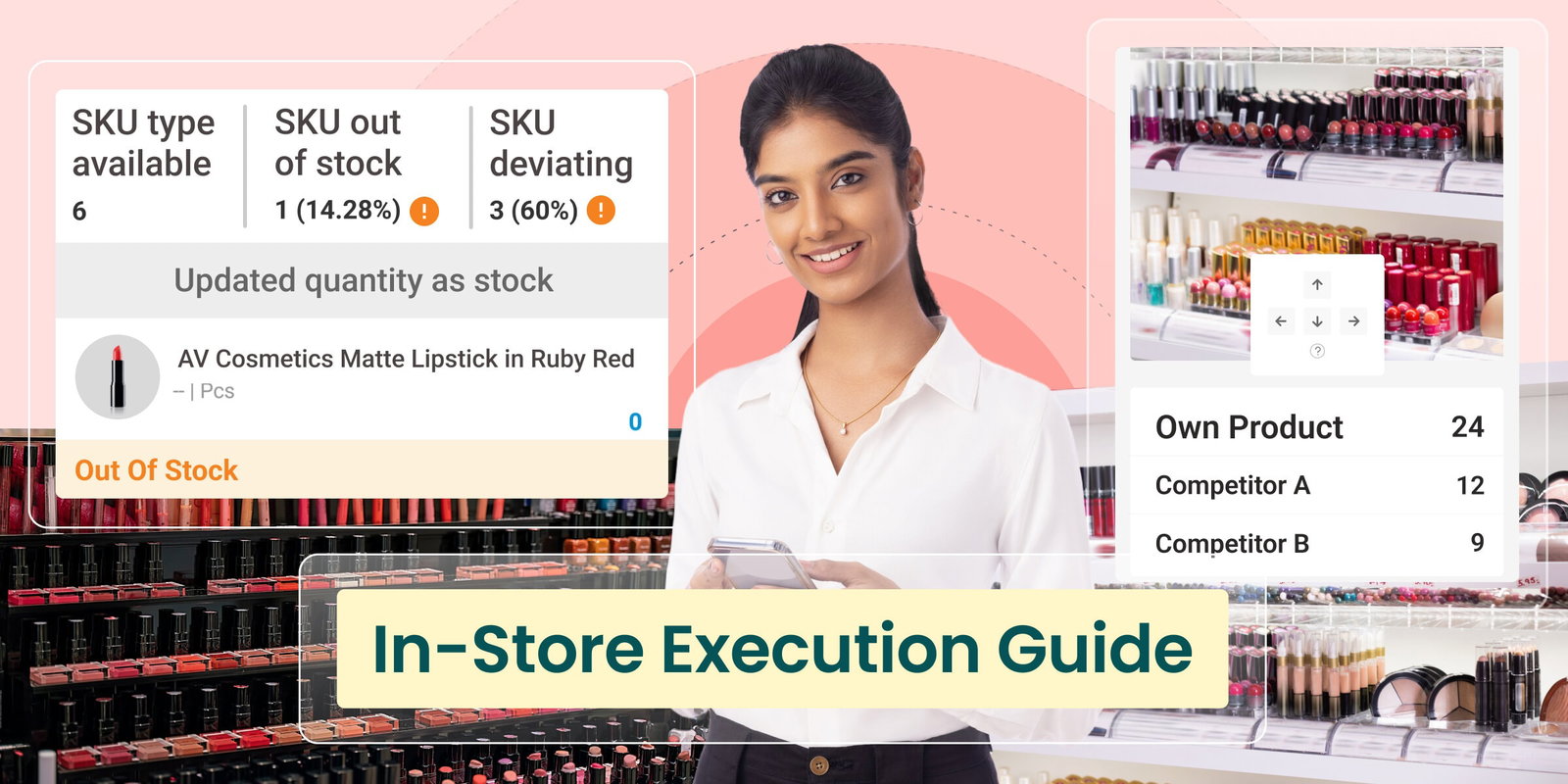 In-store execution guide: Woman reviewing product inventory data & shelf placement.