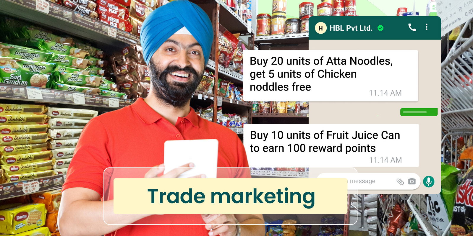 Smiling man in a store using tablet; trade marketing promotion via mobile message.