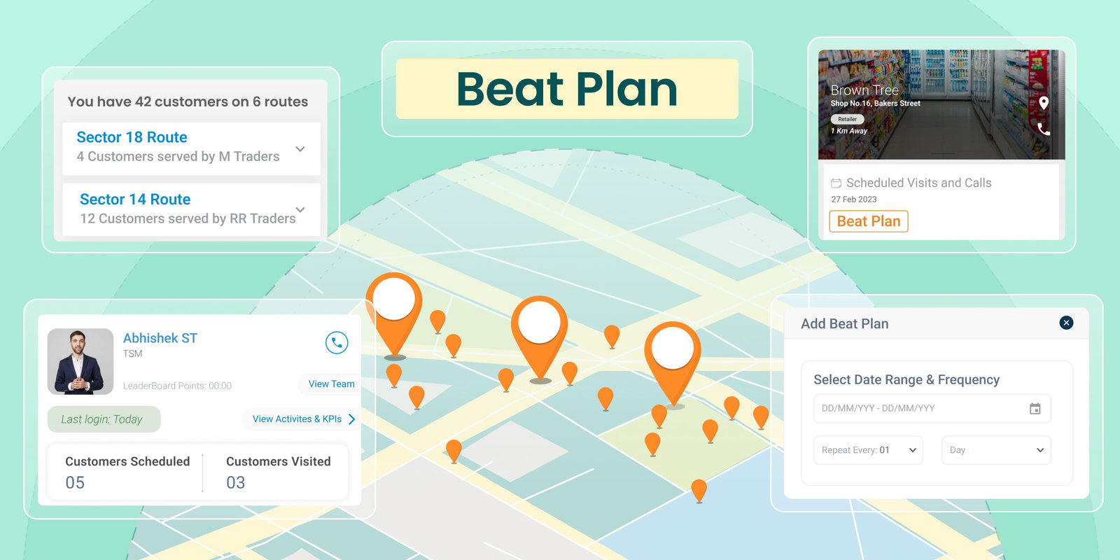 Beat plan map interface showing customer locations & route planning.