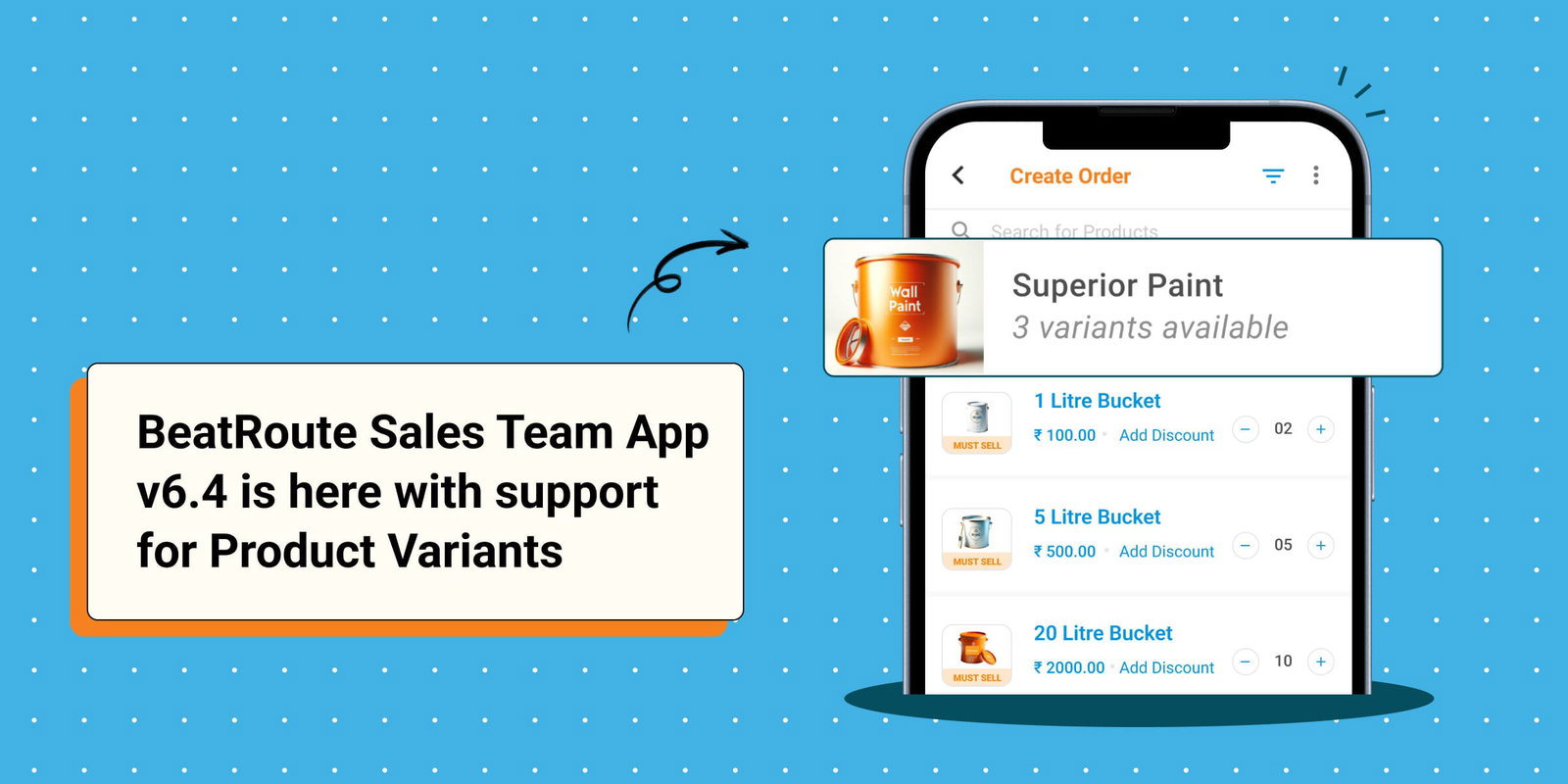 BeatRoute Sales Team App v6.4: Smartphone showing product variants in app.