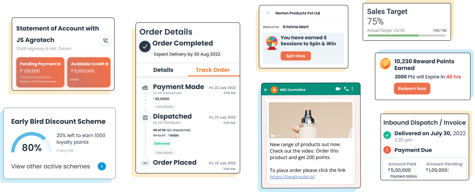 B2B eCommerce platform screenshots showing customer app features.