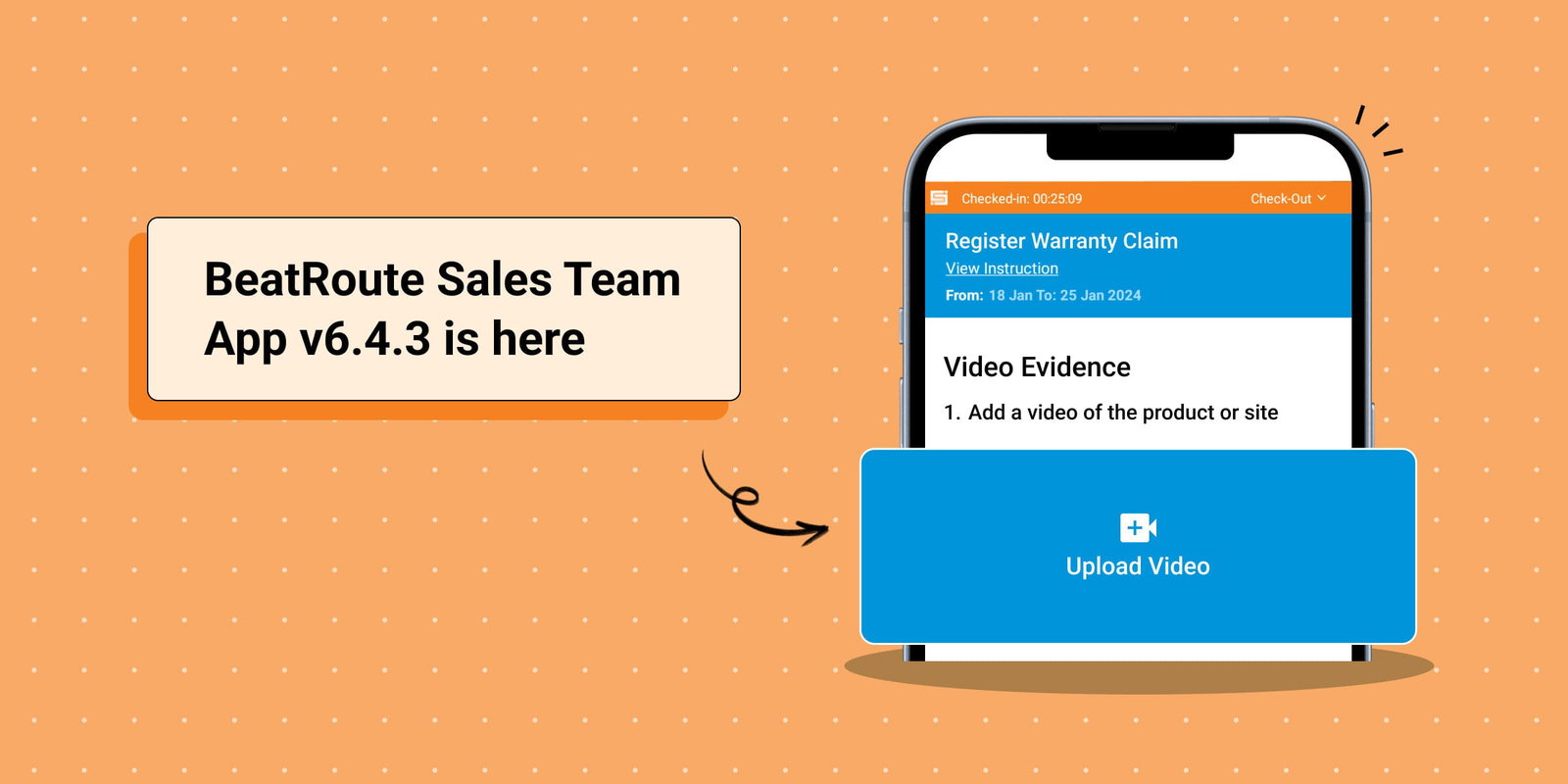 BeatRoute v6.4.3 app screenshot; shows new video upload feature.