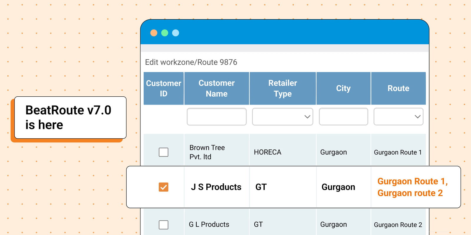 BeatRoute v7.0 interface showing customer data table.