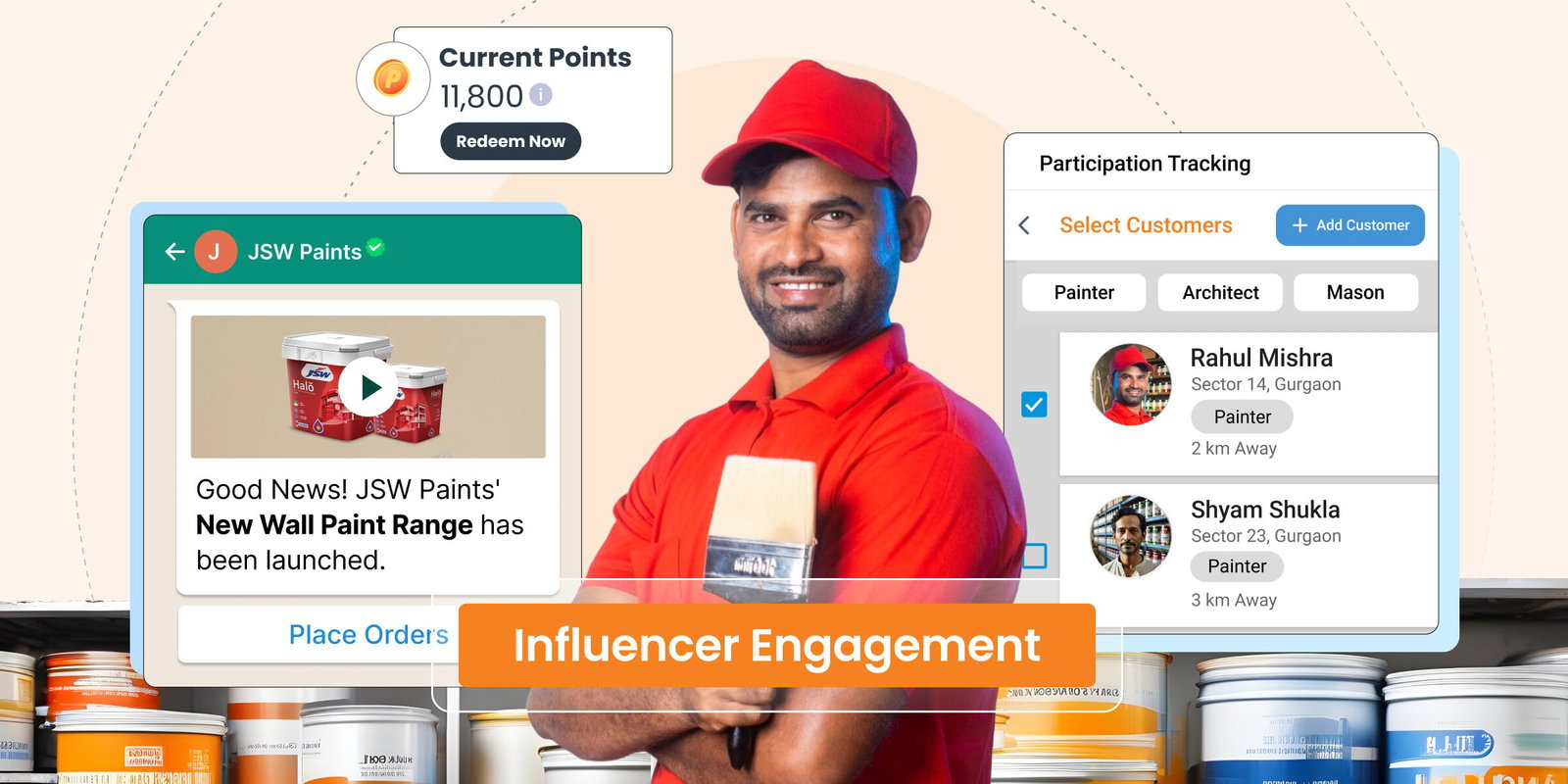 Influencer engagement: Painter holding paintbrush, app interface shows customer tracking.