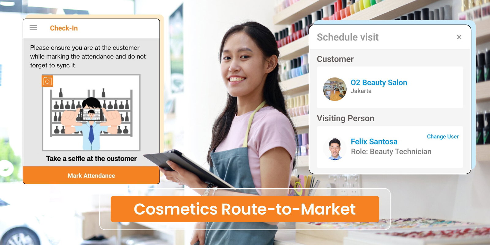 Cosmetics industry route-to-market: woman in salon using tablet, selfie check-in app.
