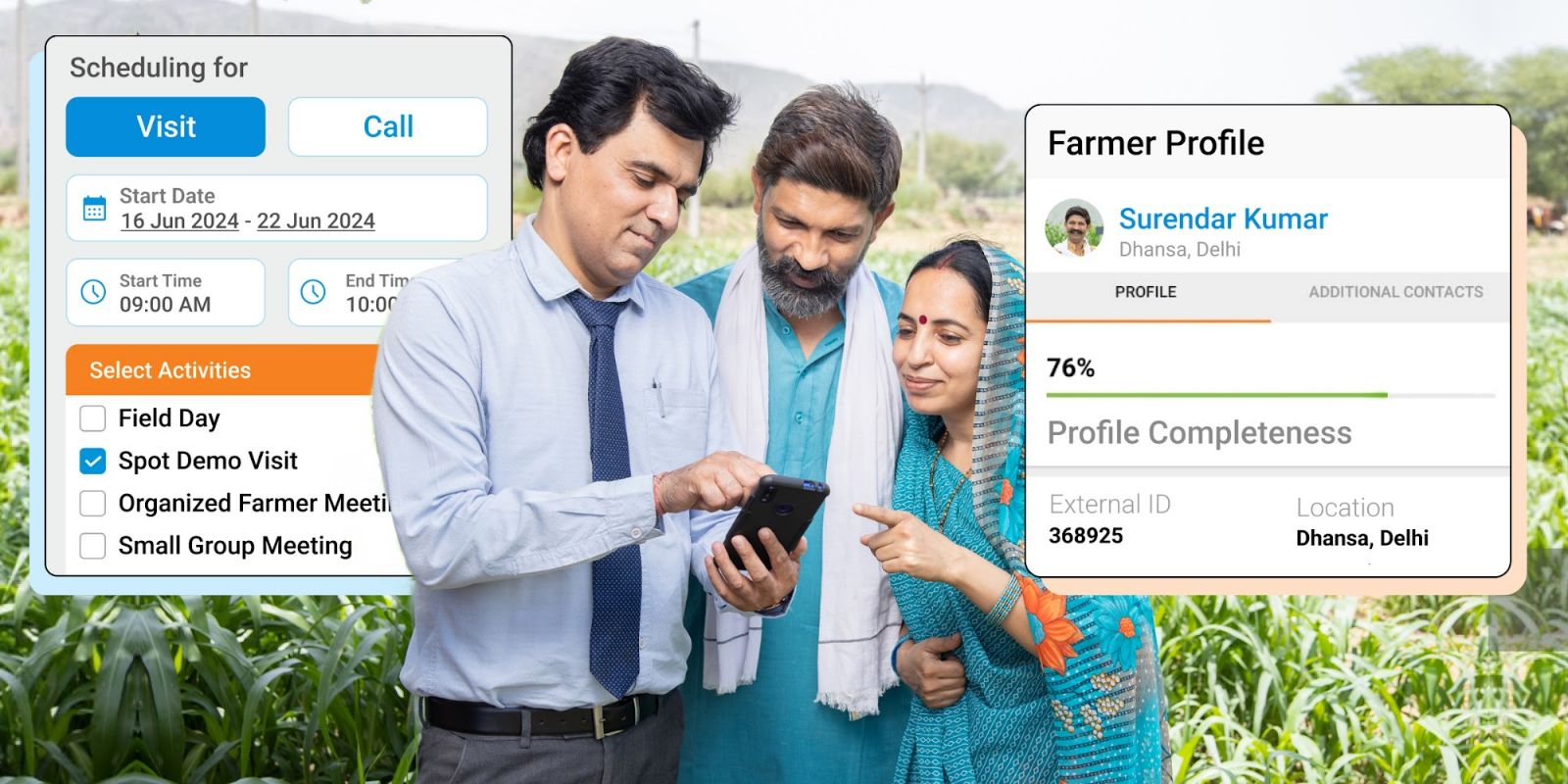 Agri inputs sales team using mobile app to schedule farmer visits.