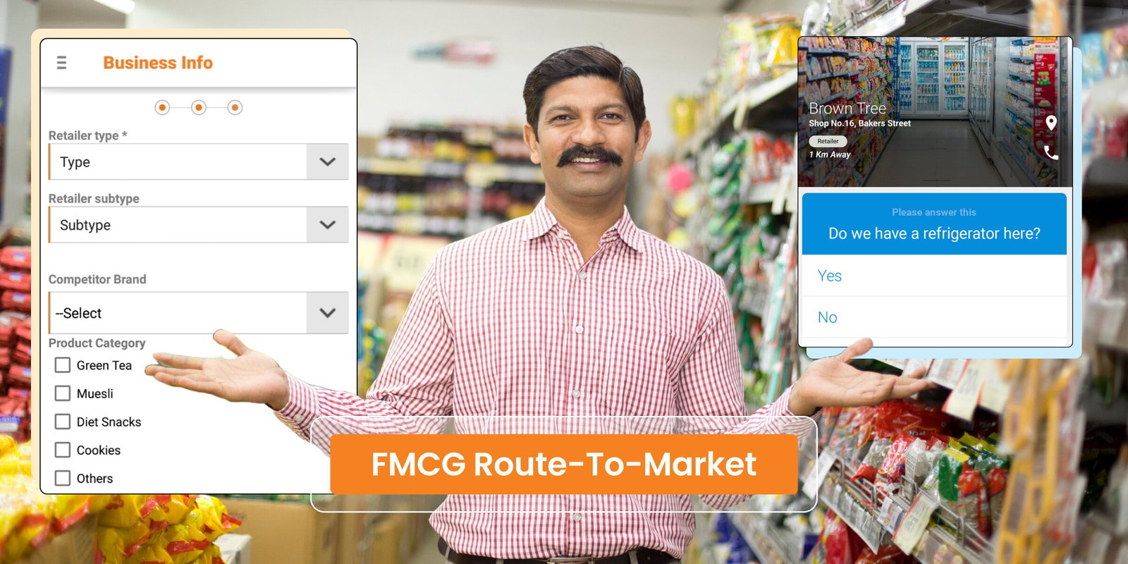 Man in FMCG store, using app to plan route-to-market.