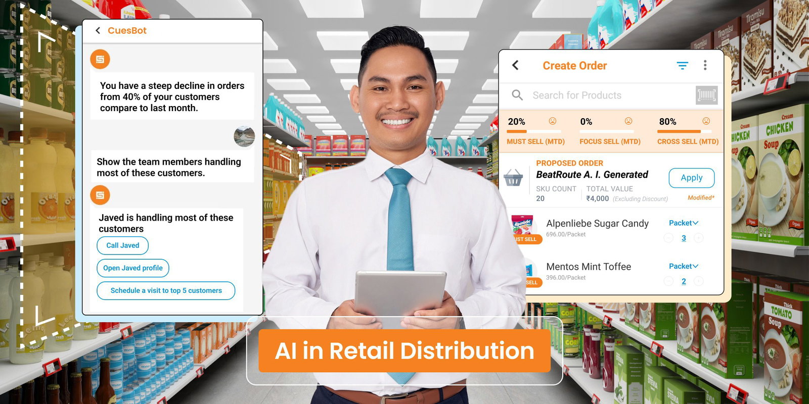 AI in retail distribution: Man in a retail store using a tablet to analyze sales data and optimize orders.