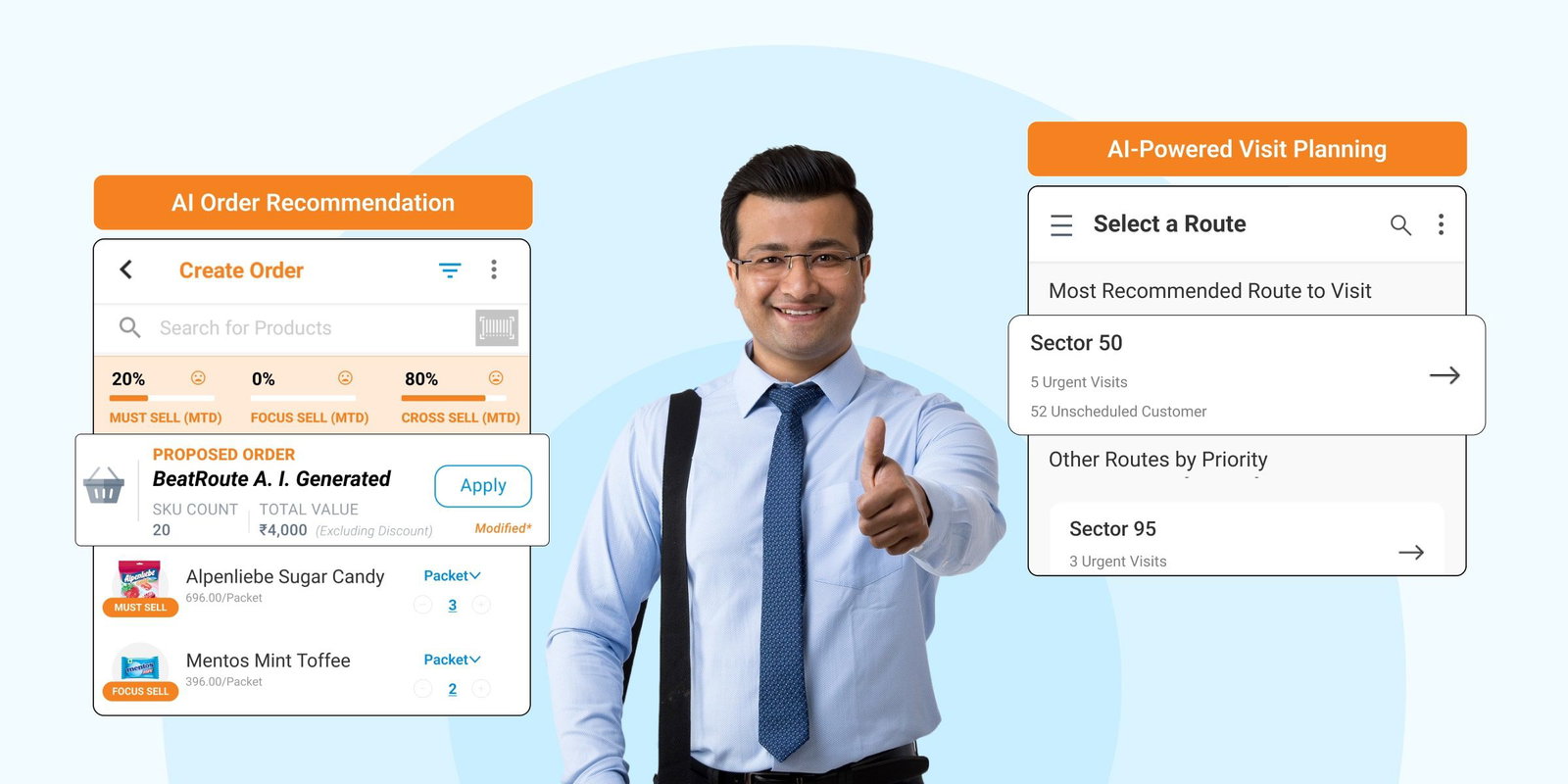 AI in retail distribution: man gives thumbs up to AI-powered order & route optimization software.