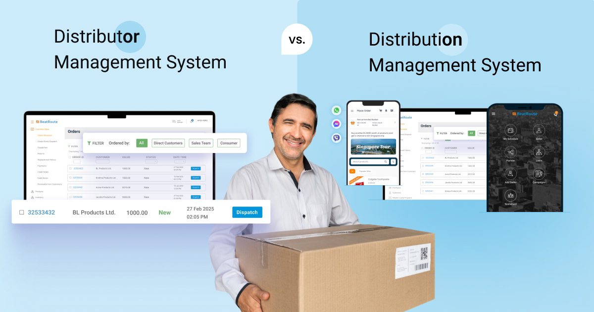 Distributor Management System software comparison: desktop and mobile app interfaces shown.
