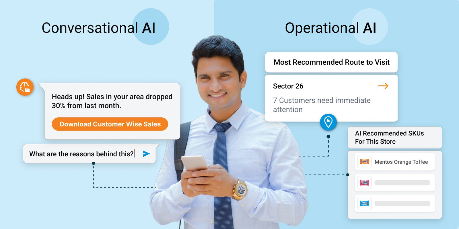Operational & Conversational AI optimizing retail distribution; man checks sales data on phone.