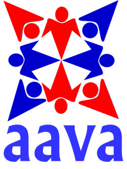 Aava logo: Red and blue stylized figures forming a starburst with "aava" below.