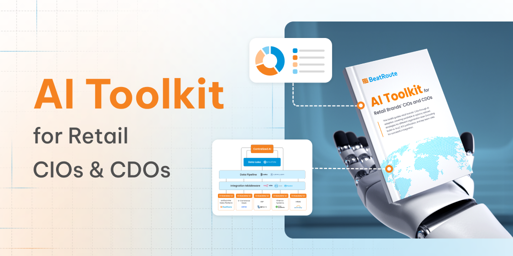 AI Toolkit guide for retail CIOs and CDOs; robotic hand holds book.