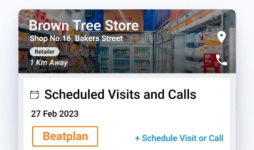 BeatRoute field sales app interface showing scheduled visit to Brown Tree Store.