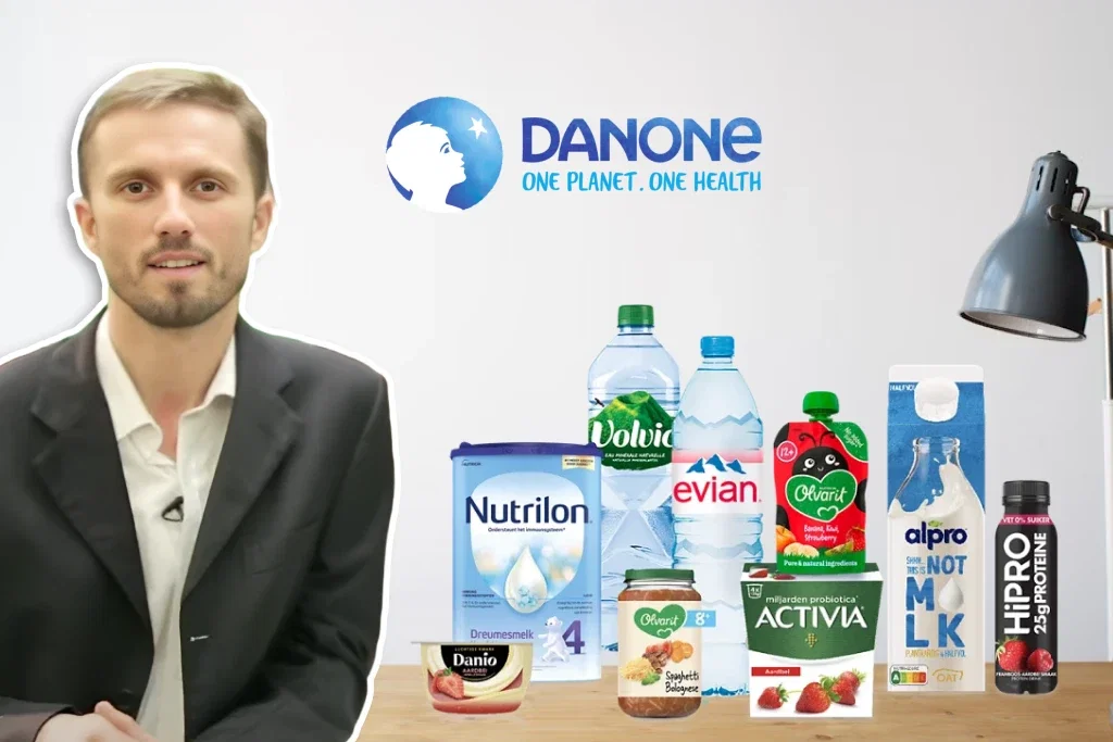 Danone India products featured; man in suit; sales increase.
