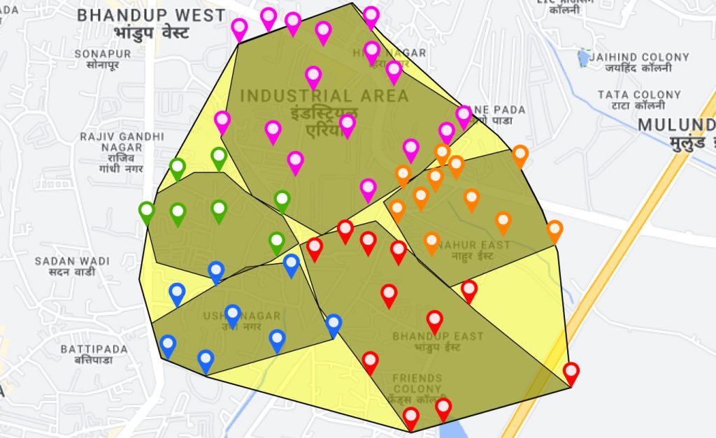 Field sales app territory map visualization with color-coded regions and location markers.