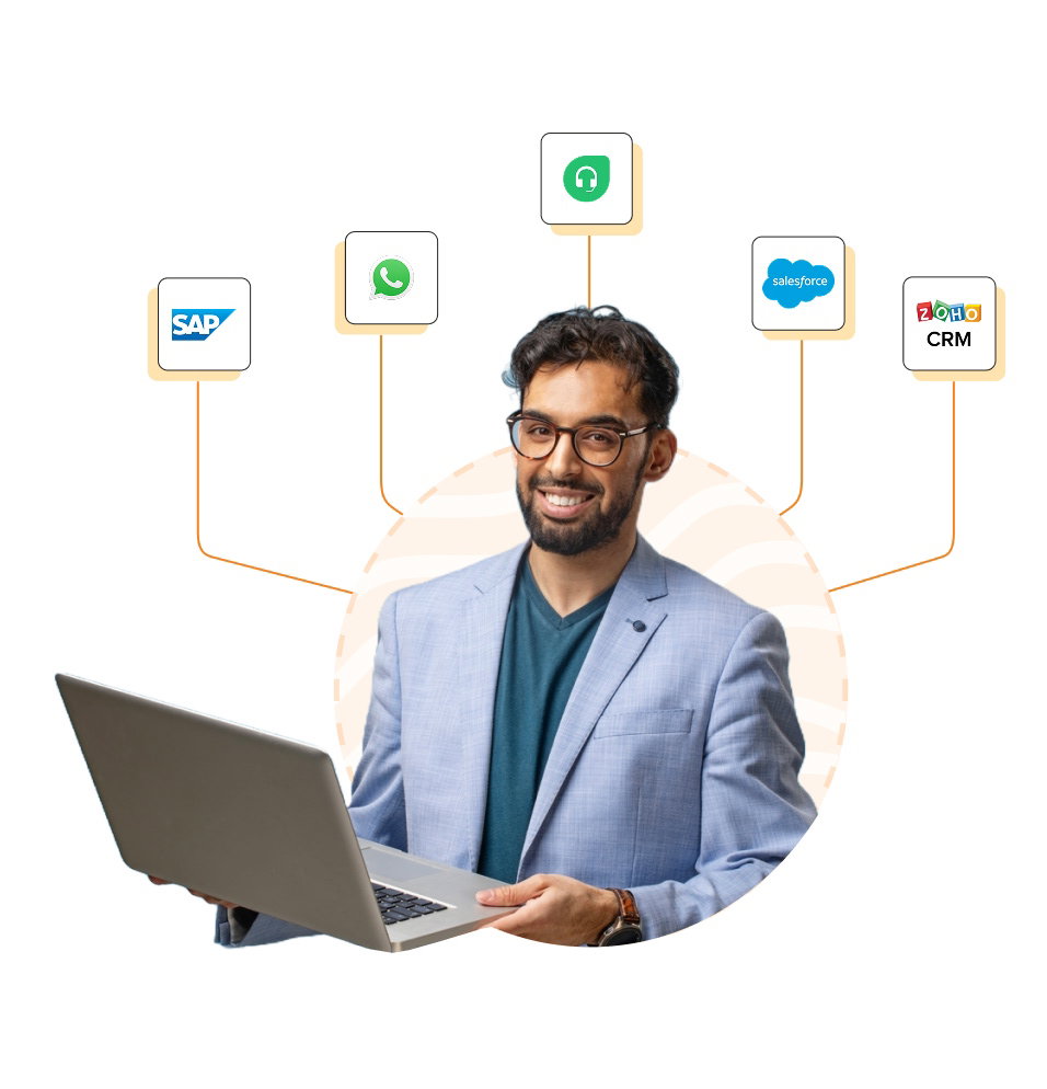 Man holding laptop, connected to integrations: SAP, WhatsApp, Salesforce, Zoho CRM.