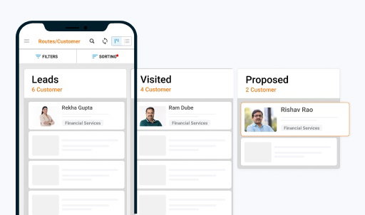 AI-powered field sales app interface showing customer leads, visits, and proposals.