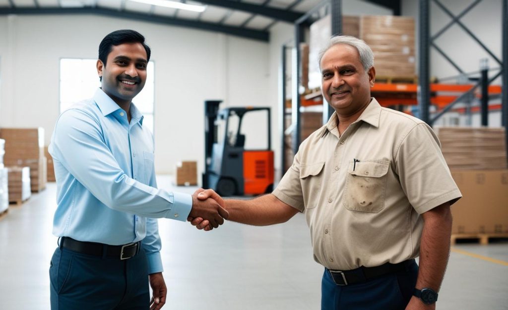 Two men shaking hands in a warehouse; field sales app software.