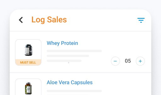 BeatRoute field sales app interface showing sales logging of whey protein and aloe vera capsules.