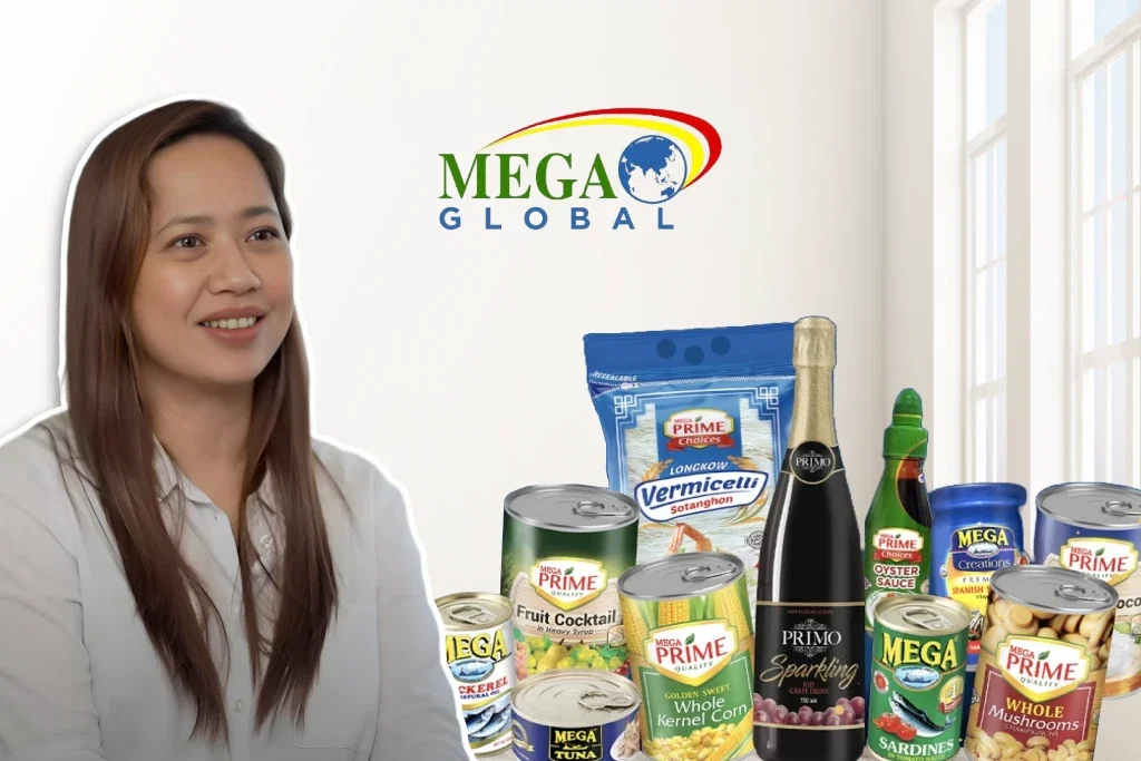 Mega Global case study: Woman sits before various canned goods and beverages.