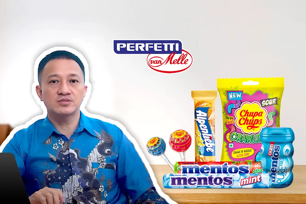 Perfetti van Melle Indonesia case study: Man discusses candy products.