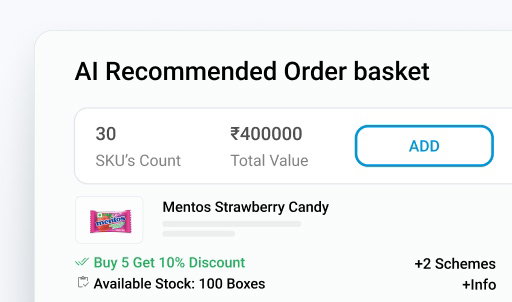AI-powered field sales app order screen showing AI recommended items.