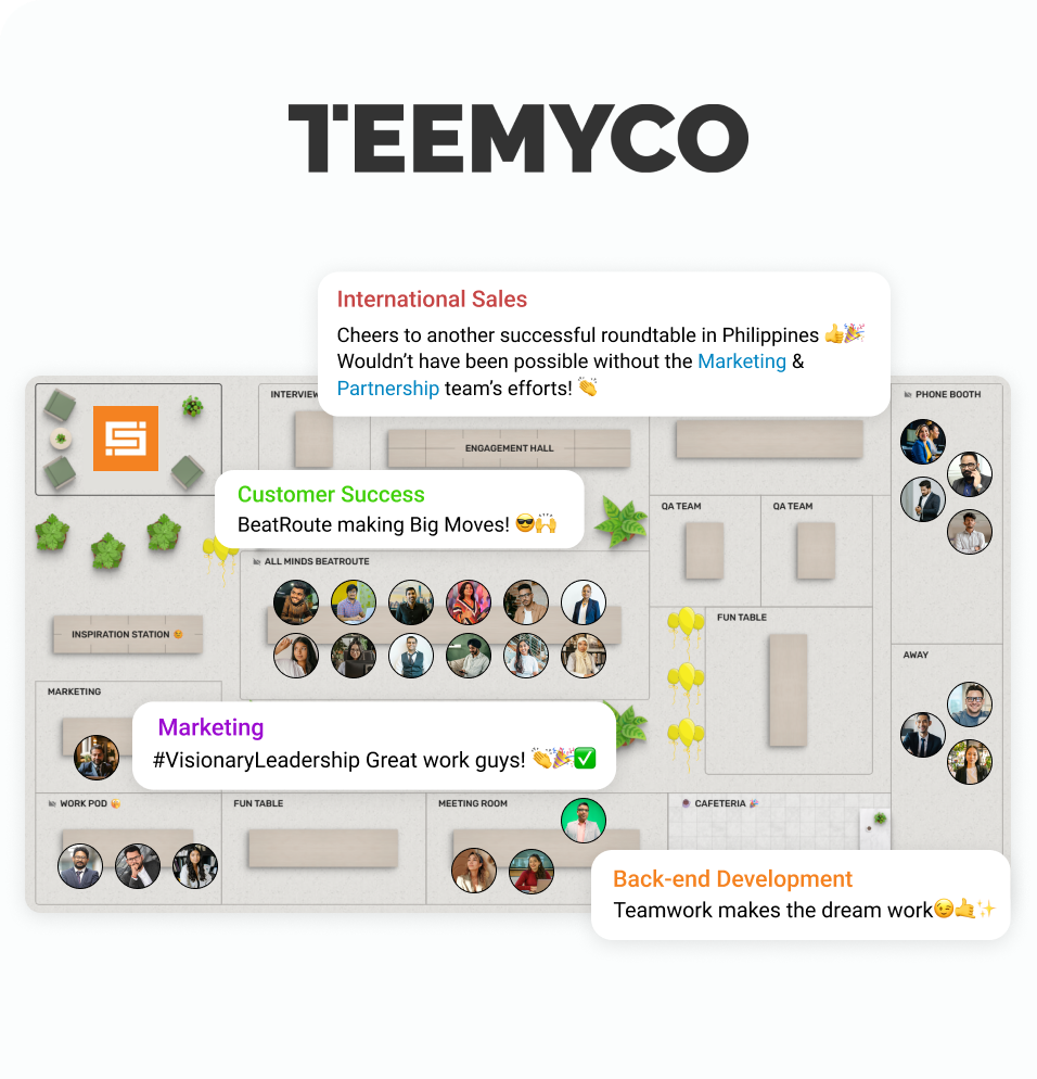 BeatRoute SFA software team infographic; shows employee photos, office layout, and positive messages.