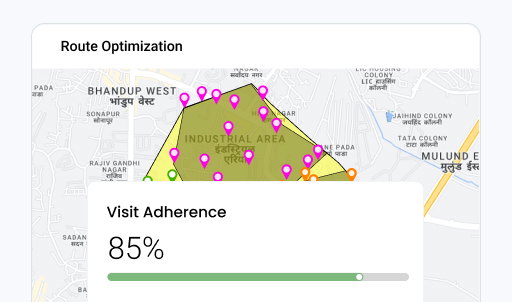 BeatRoute field sales app route optimization map showing 85% visit adherence.