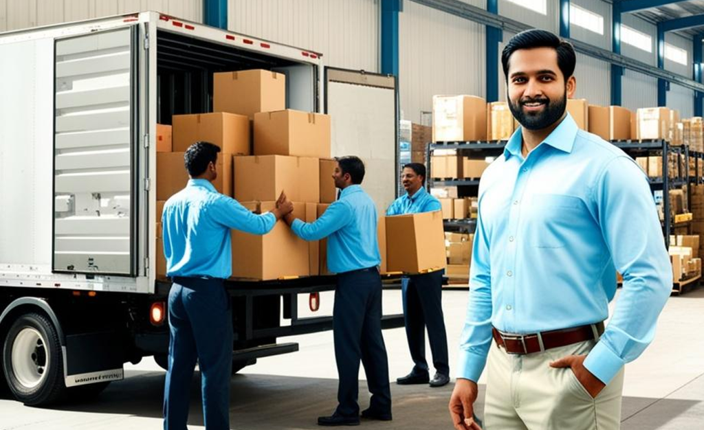 Man in light blue shirt smiles, loading boxes onto truck; field sales app software.
