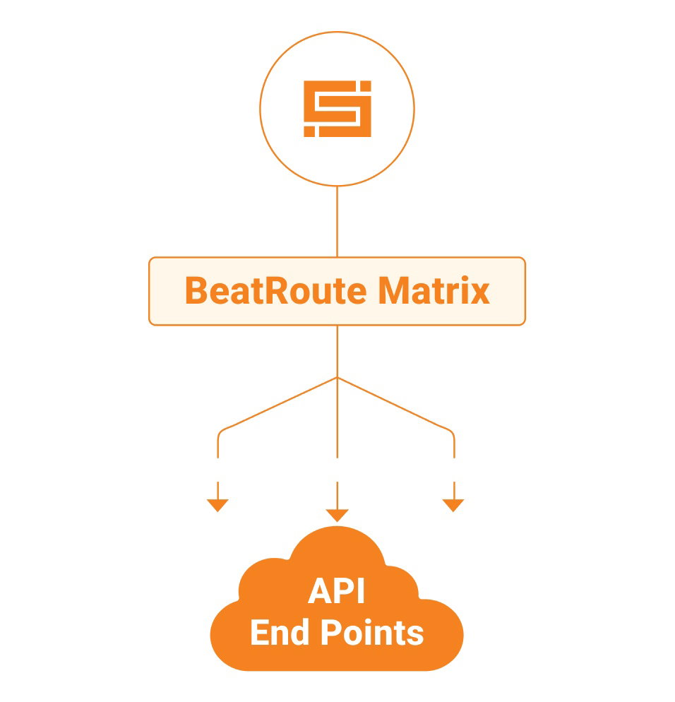 BeatRoute Matrix Integrations: Diagram showing API endpoints connected to the BeatRoute Matrix platform.