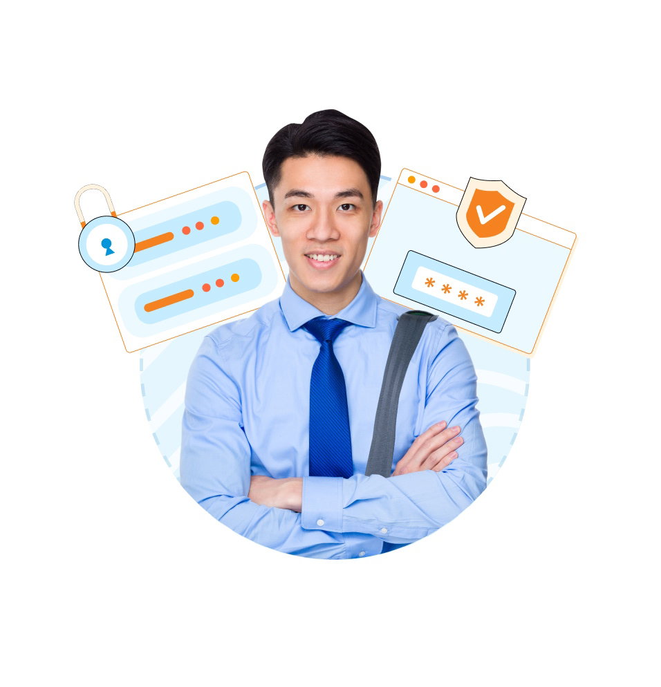 Smiling businessman with secure Integrations icons.